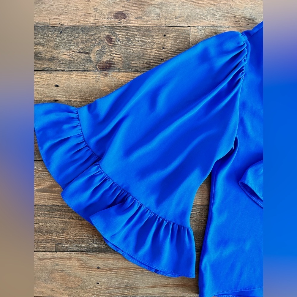 Zara Cobalt Blue Ruffle Bell Sleeve Blouse | Flowy Round Neck Top Lightweight - Picture 5 of 10